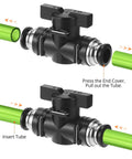 Push to Connect Ball Valve Kit 10 Pack 8mm Tube OD Plastic Straight Union Adapters Quick Install Pneumatic Valves for DIY Plumbing No Tools Required, black plastic valve with green tube insertion
