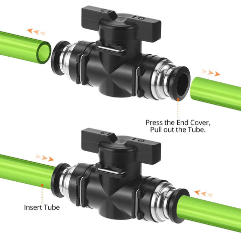 Push to Connect Ball Valve Kit 10 Pack 8mm Tube OD Plastic Straight Union Adapters Quick Install Pneumatic Valves for DIY Plumbing No Tools Required, black plastic valve with green tube insertion