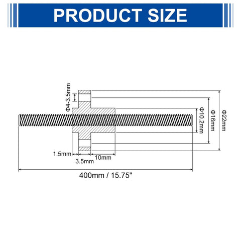 Technical drawing of 400mm TR8x4 Lead Screw With Brass Nut Acme Thread For 3D Printer Upgrades, showing dimensions and specifications.