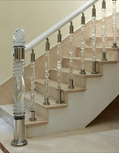 Totally Sleek And Built Tough Clear Acrylic Balusters For Deck Railing Transparent Stair Spindles With Heavy Duty Adjustable Metal Brackets Next Level Crystal Banister Posts 25 Pack 37 Inch on a staircase