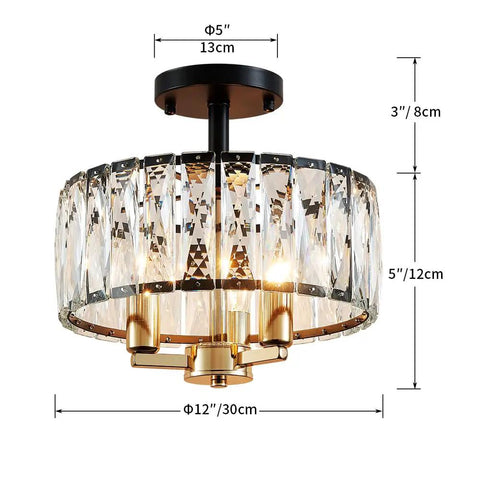 Crystal K9 3 Light Semi Flush Ceiling Light Fixture With Sparkling Clear Crystal Sticks Shine Gold And Matte Black Finish Modern Glam Look For Living Room Bedroom And Dining Room D13 x H15 Easy Mount And Ambient Lighting
