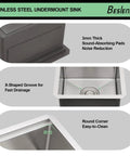 Features of Undermount 14 Inch Stainless Steel Bar Sink With Deep 10 Inch Bowl 16 Gauge T304, showing sound-absorbing pads.
