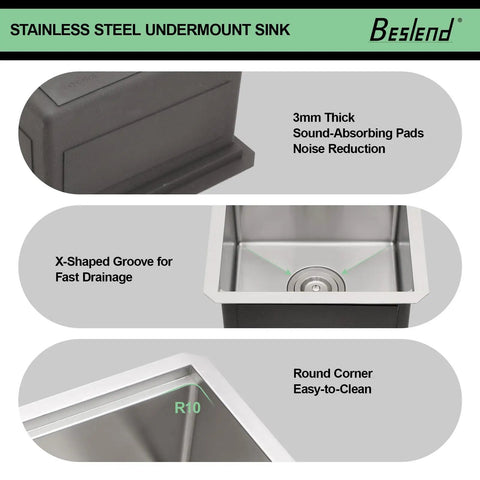Features of Undermount 14 Inch Stainless Steel Bar Sink With Deep 10 Inch Bowl 16 Gauge T304, showing sound-absorbing pads.