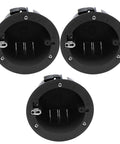 Three black 4 Inch Round PVC Junction Box 18 Cu In ETL Listed Fire Rated For 2 Hours, showing front openings and screw details.