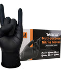 Heavy Duty Black Nitrile Disposable Gloves Medium 8 Mil Thick 100 Pack Latex And Powder Free Industrial Safety Gear in use, showing a grip gesture.
