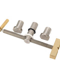Beefy Woodworking Bench Dog Clamp For Pro Grade Workholding, metal components shown, built with copper, high carbon steel, stainless steel