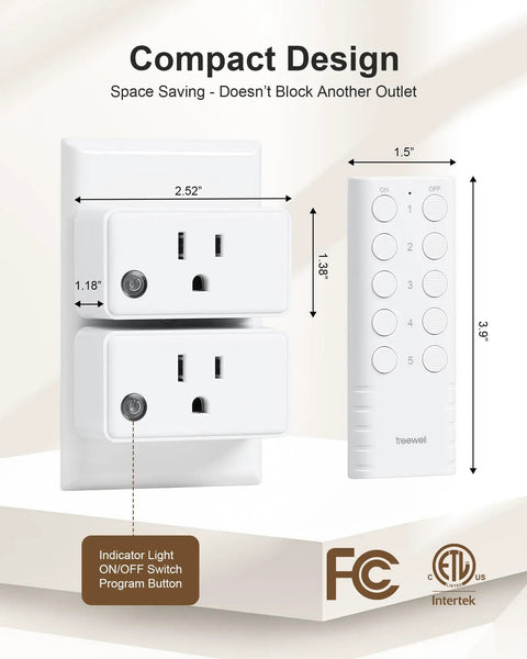 Image of Remote Control Outlet Kit with 5 Outlets and 2 Remotes, compact design with dimensions and indicator light.