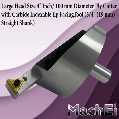 Four Inch Fly Cutter With Indexable Carbide Inserts For CNC Milling And Bridgeport Machines Pro Grade Three Quarter Inch Straight Shank Smooth Surface Facing Tool For Precise Metalworking, close-up angle view