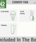 Image showing components included with Conroy Onyx Bengal 42 Inch Low Profile Ceiling Fan With LED Light Kit And Pull Chain.