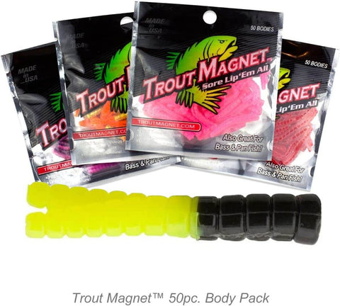 Split-Tail Grub Body Pack, 50-Count, For Trout, Bass, And Panfish, Bumblebee Color, Go-To Lure That Outfishes Most Stream Lures