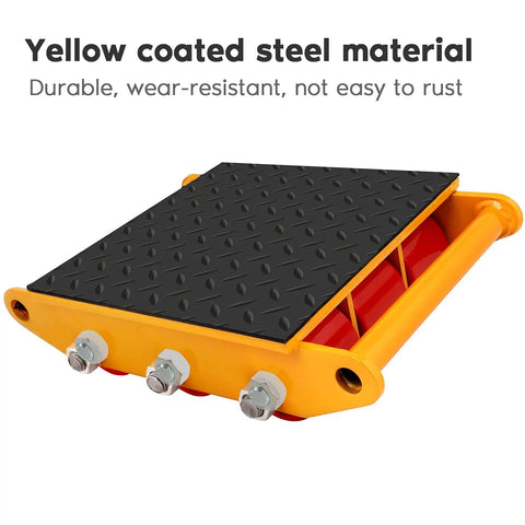 Heavy Duty Machinery Moving Skate Dolly 15T 33000Lbs with non slip rubber belt, yellow coated steel material, close-up view