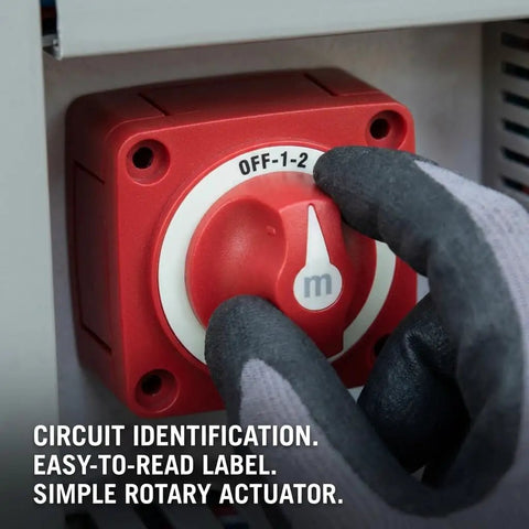 Gloved hand operating 300A 3 Position Battery Switch For Marine And RV Power Disconnect Isolator With Dual Circuit Control.