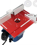 Top Drawer Aluminum Router Table Insert Plate For Woodworking Benches With Solid Miter Guide Built Tough, 240 x 200 mm, red anodized finish.