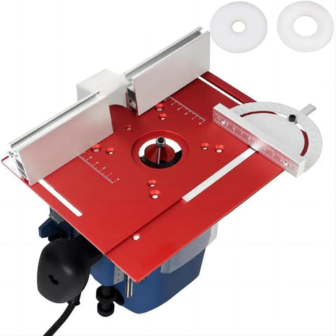 Top Drawer Aluminum Router Table Insert Plate For Woodworking Benches With Solid Miter Guide Built Tough, 240 x 200 mm, red anodized finish.