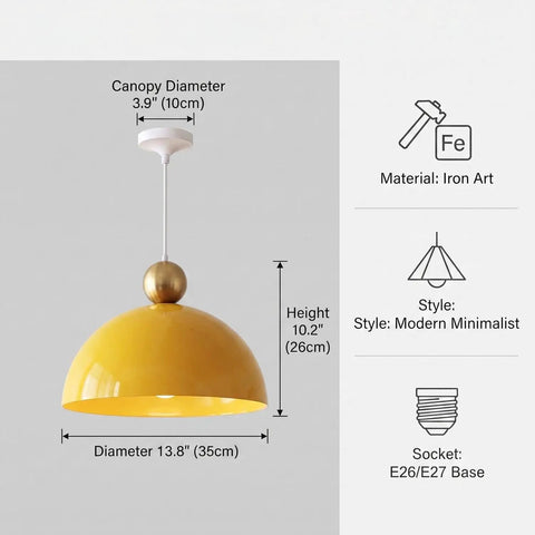 MIELPOXS Modern Dome Pendant Light Iron Metal Hanging Ceiling Fixture, yellow dome, iron material, modern minimalist design.