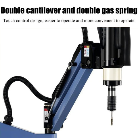 Rock Solid Vertical Electric Tapping Machine With One Meter Flexible Aluminum Arm And Auto Oil Blower showing double cantilever and gas spring design.