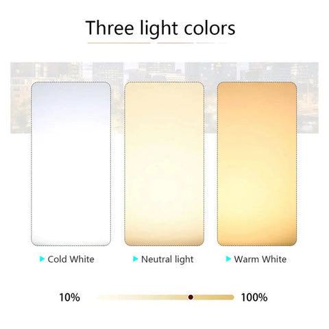 Image showcasing three light colors for JUDYSSY Led Flood Light Pir Motion Sensor 10W 20W 30W 50W 100W Ac220 IP66 Waterproof.
