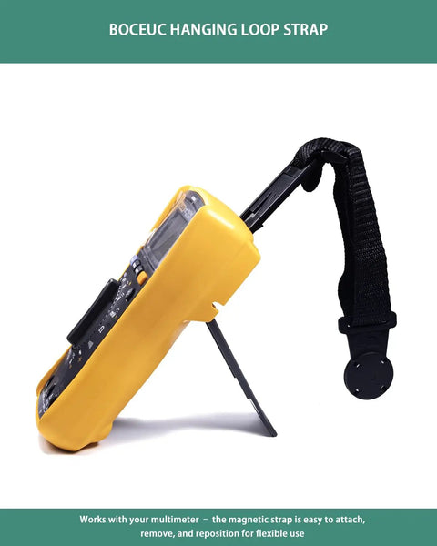 Side view of magnetic hanging strap attached to a yellow Fluke multimeter for Models 115 116 117 175 177 179 15B Plus 17B Plus 18B Plus 87V 287 289 and more.