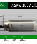 Heavy Duty Spindle Motor For CNC Machines 7.5KW At 6000RPM with 125mm diameter, 375mm length, and ER32 clamp design.