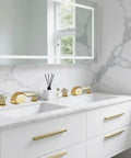 LED Waterfall Widespread Bathroom Faucet Polished Gold Finish with 2 Crystal Knobs 3 Holes Lavatory Basin Mixer Tap for Modern Sinks