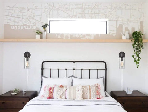 Contemporary Oil Rubbed Bronze Bubble Glass Wall Sconces Set Of Two Plug In With Switch shown in stylish bedroom decor