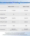 Recommended printing parameters for Kobra 2 and 3 series with settings for retraction, cooling, speed, and temperature for PLA filament.