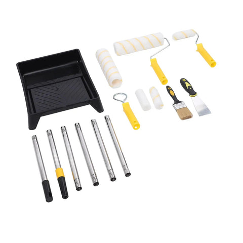 Heavy Duty 10 Piece Paint Roller Tray Kit With Solid Stainless Steel Handle And High Density Covers For Smooth Wall And Ceiling Painting Total Game Changer Kit on a white background.
