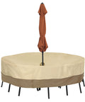 Veranda 94 Inch Round Patio Table And Chair Cover With Umbrella Hole, Water Resistant Outdoor Table Cover For 6 Chairs, Gardelle Fabric System With Click Close Straps covering furniture with umbrella.