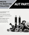 Complete auto parts set including shock absorbers, wheel bearings, and brake rotors ready for installation.