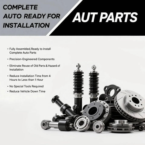 Complete auto parts set including shock absorbers, wheel bearings, and brake rotors ready for installation.