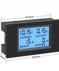 4 In 1 DC Ammeter Voltmeter Watt Meter Panel Digital Display For Car Motorcycle And Solar Systems 12V DC 6.5 To 100V 0 To 20A Energy Power Usage Monitor With LCD Readout, showing dimensions and blue LCD screen
