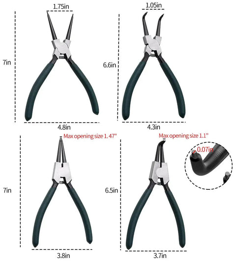 Four pliers from 500Pcs Retaining Ring Set M4 To M28 With 21 Sizes Alloy Steel Circlip Snap Ring Kit Including 4 Pliers