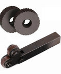 Heavy Duty Reticulated Knurling Wheel 1.8mm for gear shapers and steel lathe knurling tool, shown with metal wheels and handle