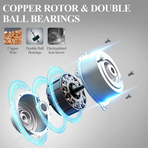 Exploded view of the 6 Inch Black Exhaust Fan With Variable Speed Controller, 110V Wall Mount, Backdraft Damper, 353 CFM, showing copper rotor and bearings.