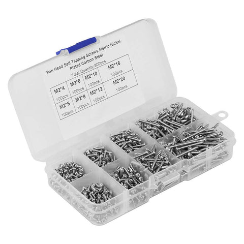 800Pcs M2 Self Drilling Screw Set With Handy Eight Sizes Cross Drive Pan Head Wood Screws Made of 304 Stainless Steel in box