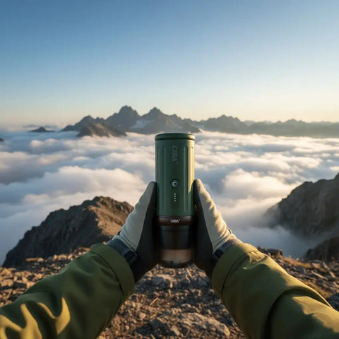 Ultra Portable Espresso Maker With Self Heating Tech On The Go held in hands above mountain clouds