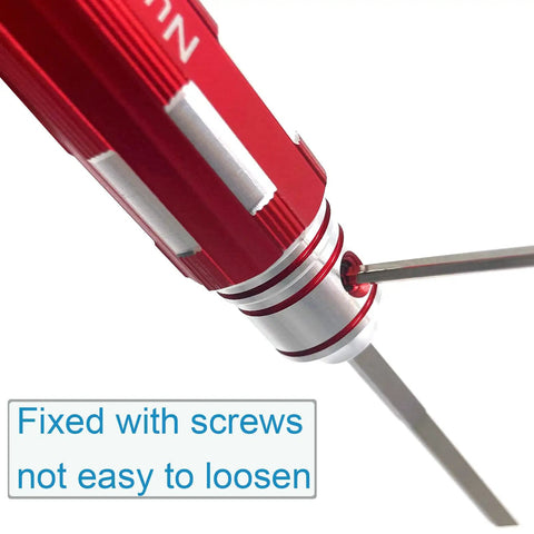 Pro Level Rock Solid Model Scriber Kit With Anti Slip Aluminum Handle And Seven Killer Sharp Tungsten Steel Blades, close-up of red aluminum handle.