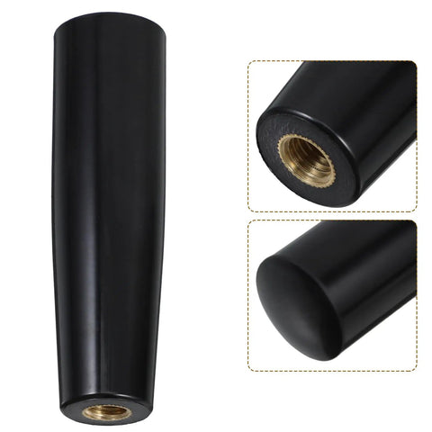 Black revolving handle knob grip for BBQ grills and woodworking tools, swivel handwheel with copper thread insert, close-up view