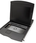 Slick Heavy Duty Rack Mount KVM Switch With Eight Port VGA USB Console Featuring A Bright Seventeen Inch TFT Monitor.