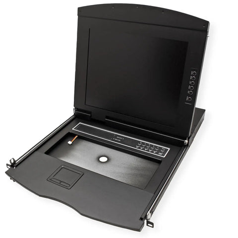 Slick Heavy Duty Rack Mount KVM Switch With Eight Port VGA USB Console Featuring A Bright Seventeen Inch TFT Monitor.