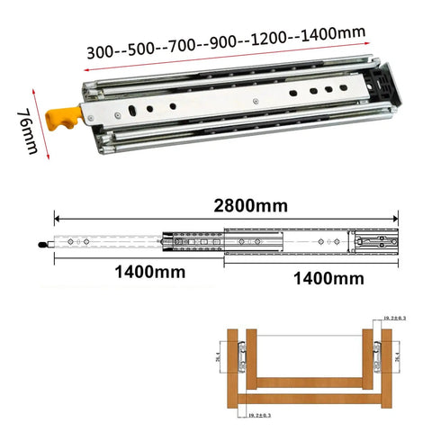 Built Like A Tank Heavy Duty Full Extension Drawer Slides With Lock 76mm steel track with dimensions for cabinet use.