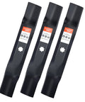 Three replacement 7-star mounting pattern blades for 48-inch John Deere deck mowers and zero turn tractors, shown front view.