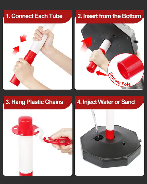 Assembly guide for 4 Pack Traffic Delineator Posts And Cones With Fillable Bases Beefy Heavy Duty Expandable Safety Barrier Kit