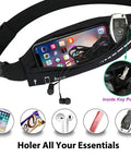 Slim Running Belt For Women And Men, No Bounce Fanny Pack Phone Holder showing phone, key, and earbuds securely stored.
