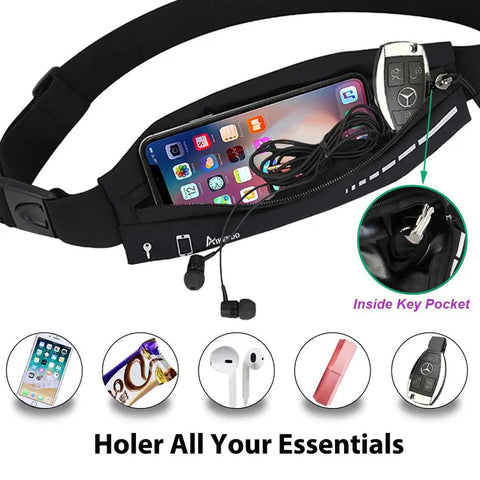 Slim Running Belt For Women And Men, No Bounce Fanny Pack Phone Holder showing phone, key, and earbuds securely stored.
