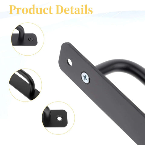 Close-up of black aluminum alloy door handle and screws, part of 4 Pack Black Aluminum Alloy 5 Inch Hole Center Gate Handles For Sliding Barn Doors And Bifold Closet Doors With Plate Includes 8 Screws Durable Door Pull Handles For Pocket Doors Heavy Duty Construction
