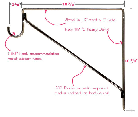 Badass Heavy Duty Welded Closet Rod And Shelf Support Brackets Gloss White Powder Coated Finish 20 Pack side view showing dimensions and hook.