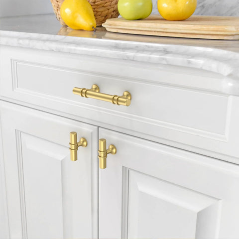 10 Pack 3 Inch 76mm Brushed Gold Cabinet Handles Set For Kitchen Cabinets Cupboards And Drawers Durable Metal Hardware With Classic Round Pull Design For Modern Furniture installed on white kitchen cabinets.