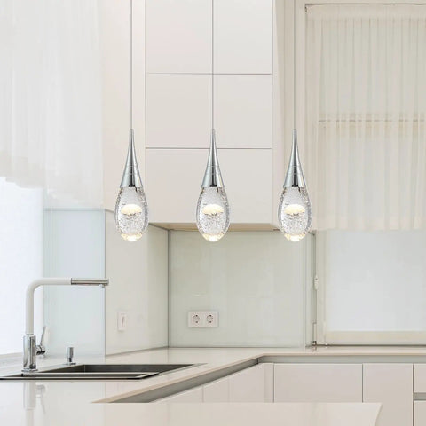 Mini Crystal Pendant Light with dimmable LED and three color temperatures in modern kitchen setting.