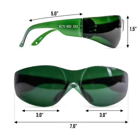 Game Changing Red Light Therapy Glasses Block 600Nm To 900Nm Rays, green dark lens, dimensions 5" wide, 1.5" high.